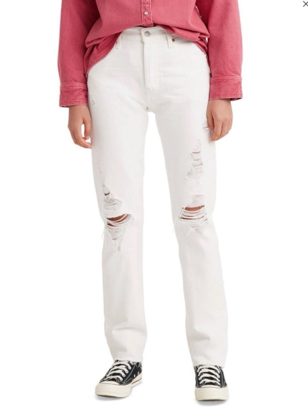 Levi’s 501 White Distressed Straight Leg Jeans Raw Hem W27 L32